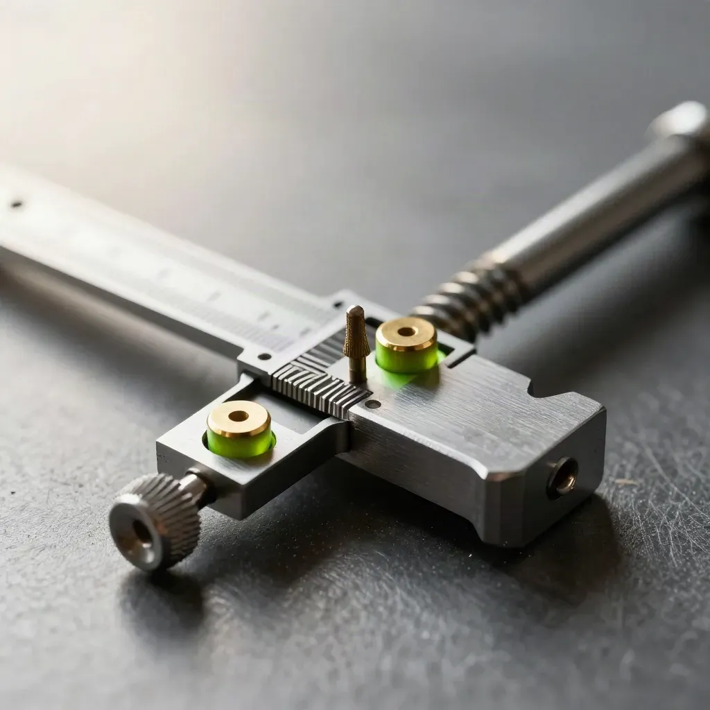 Aluminum type gauge, knurled screw, and brass spacers on brushed metal in macro detail.