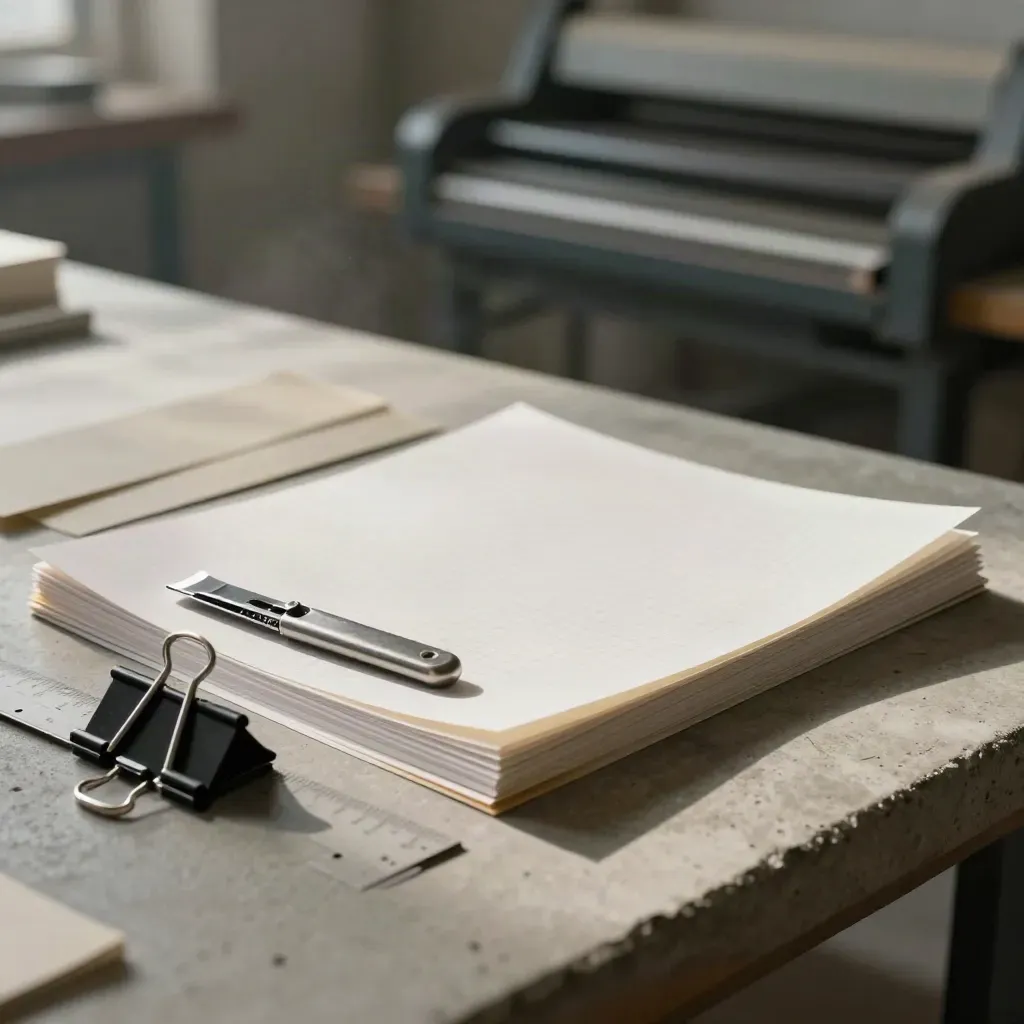 Paper ream, paper knife, bone folder, and archive clip on pale concrete in a dim print workshop.