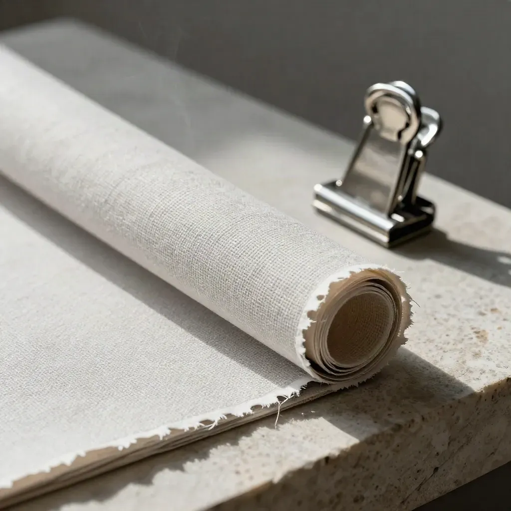 Linen swatch, graphite card and steel clip on stone, lit side-on in a quiet macro still life.