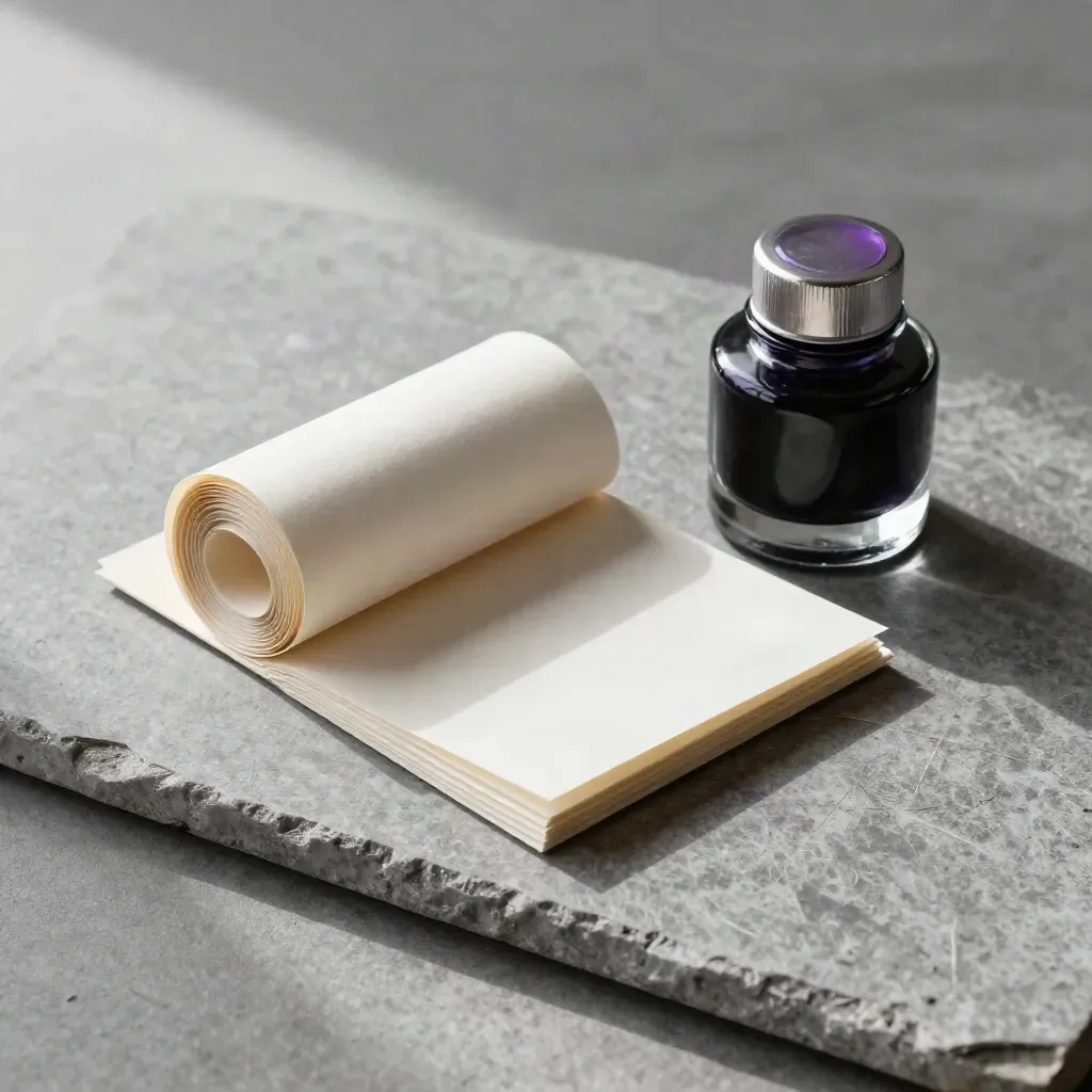 Proof sleeves, rolled separator sheet, and dark ink bottle on pewter stone