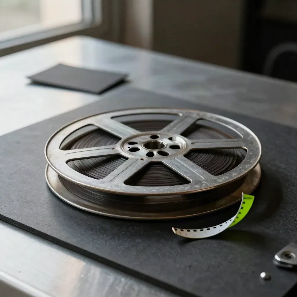 Film reel, splicer, and perforated leader on charcoal board with dramatic haze and light