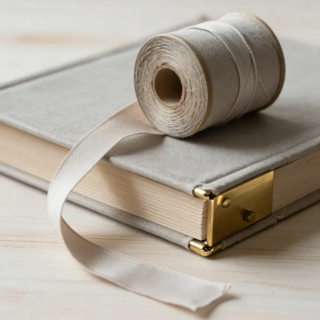 Macro still life of linen boards, ribbon, tape spool, and brass corner guard on pale wood.