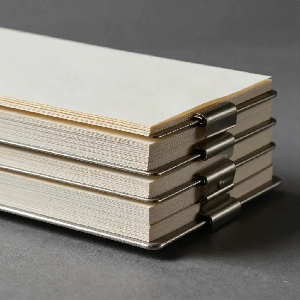 Stepped metal separator trays with a steel clip and paper shim on brushed metal.