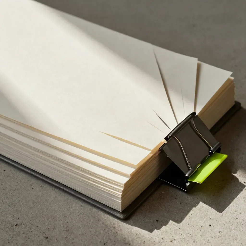 Overhead macro of blank paper signatures, clipped test sheets, and a matte binder bar on concrete.