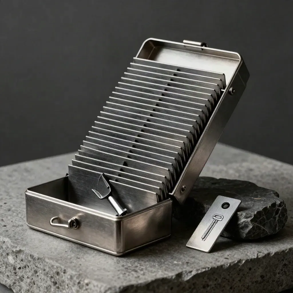 Metal index box with dividers, hex key, and page marker on dark stone
