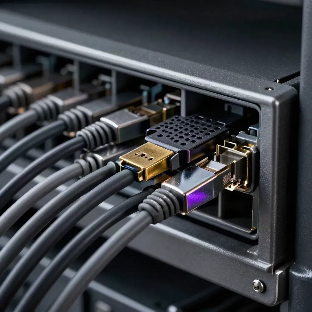 Rack server cables and a USB hardware key in a cool, hazy close-up