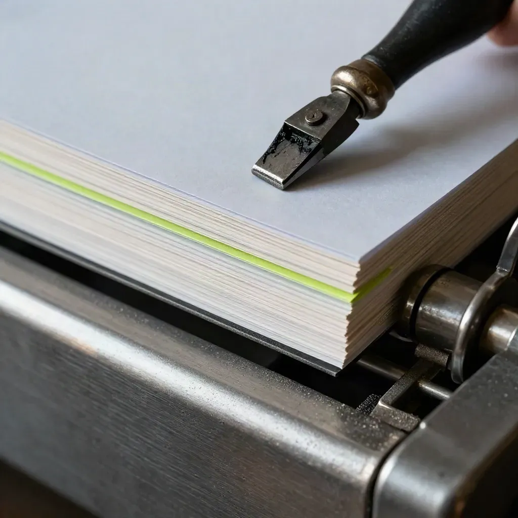 Top-down press-side still life of a paper jogger, ink knife, proof sheets, and green register blocks.