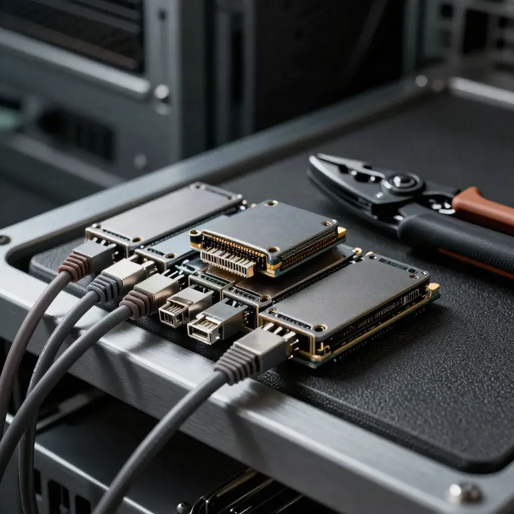 SSDs, SFP transceivers, cable ties, and a crimping tool on a graphite tray, seen through braided ethernet cable