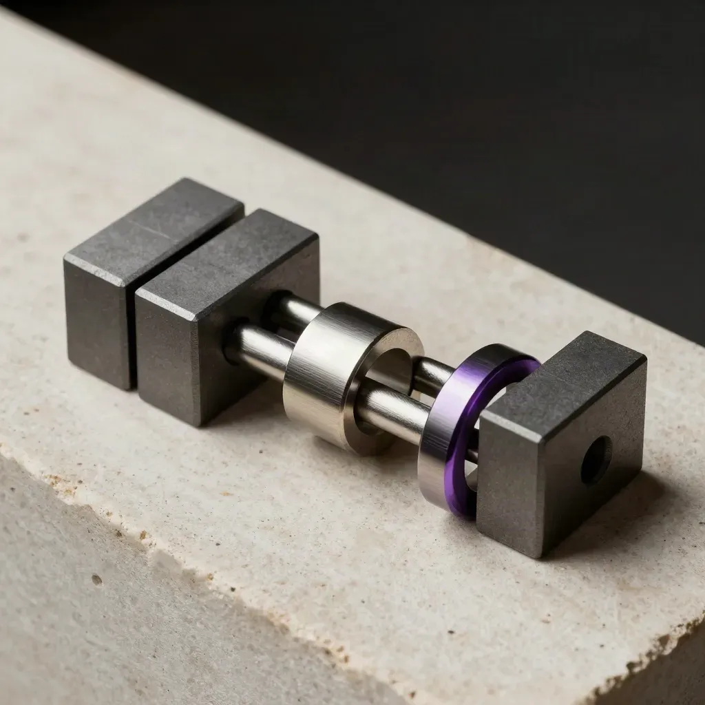 Linked machined rings, dovetail blocks and a steel connector on pale stone, lit dramatically.