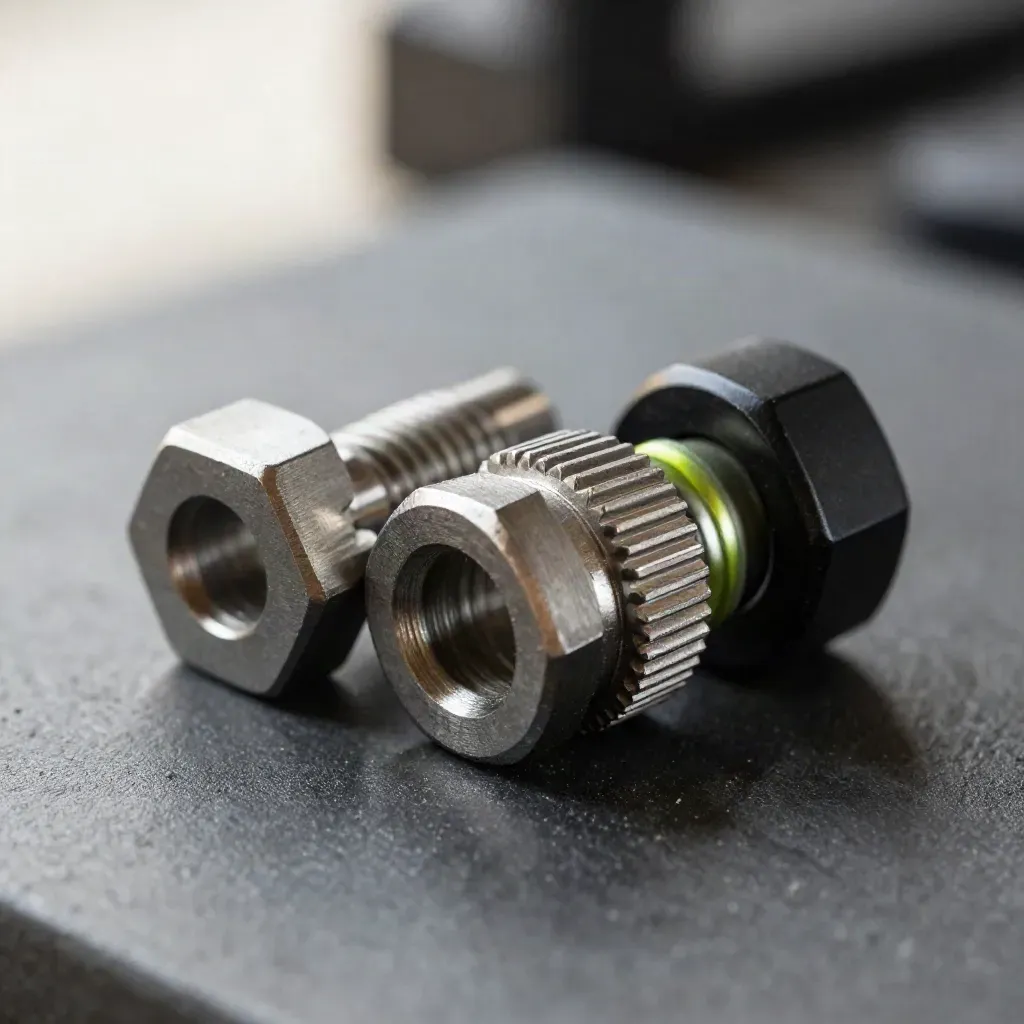 Macro of hex standoffs, knurled sleeve and black fastener on graphite
