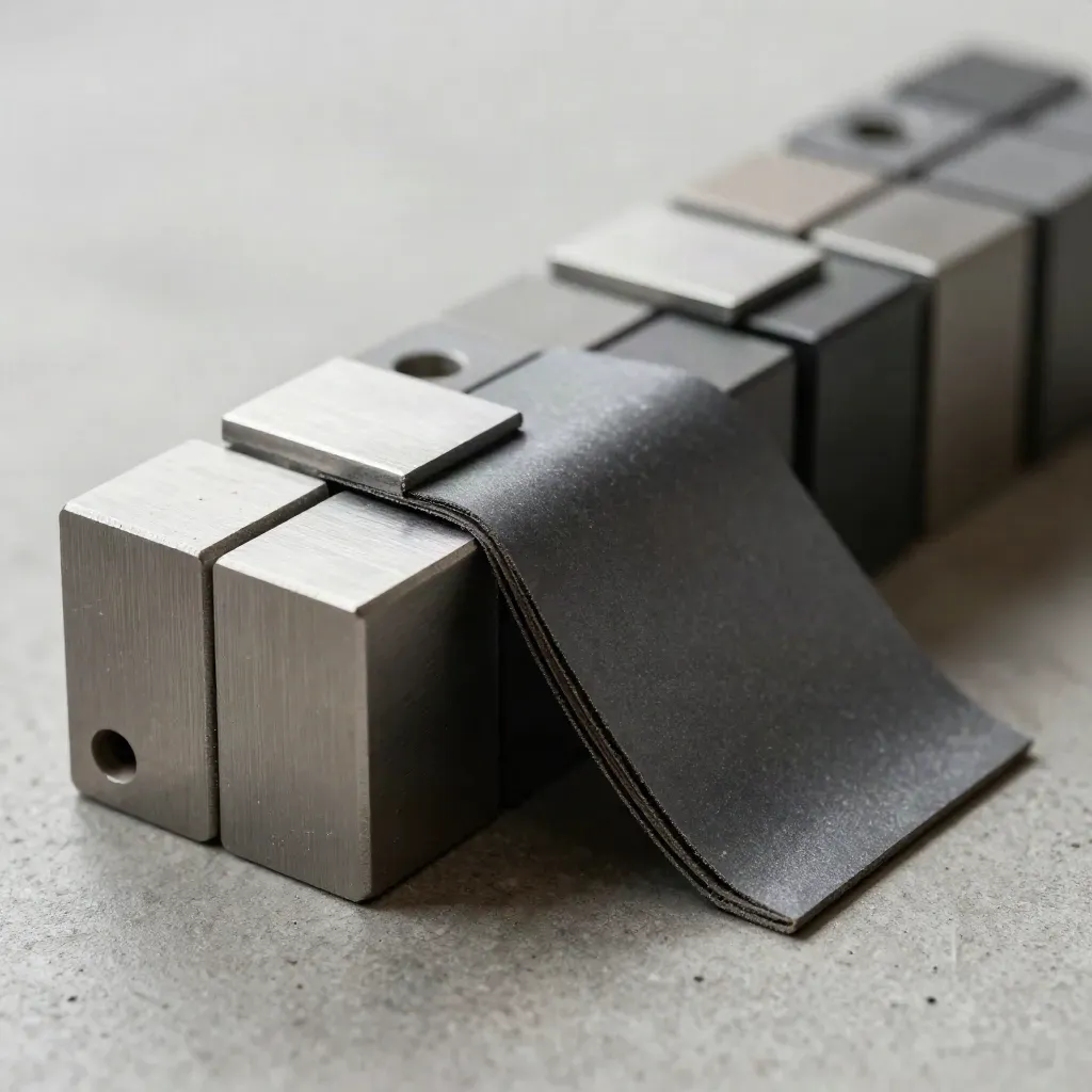 Macro of modular metal blocks, magnetic spacer, and folded graphite sheet on concrete.