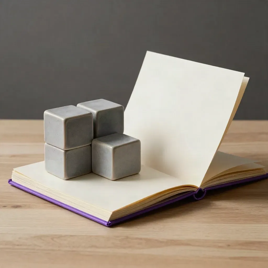 Ceramic paperweights, module cubes, and a curling cream notebook on pale wood