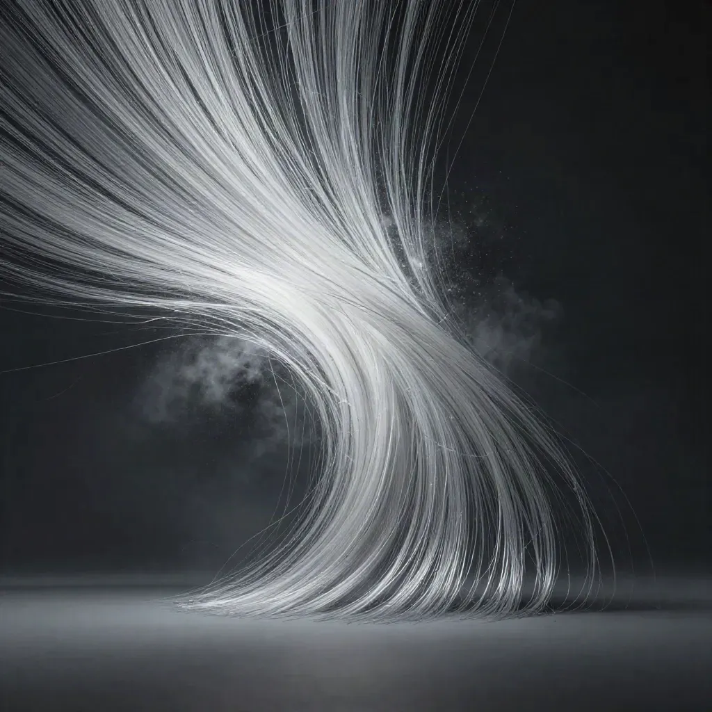 Silver filaments converge into a white bloom in dark void, with open space for copy.