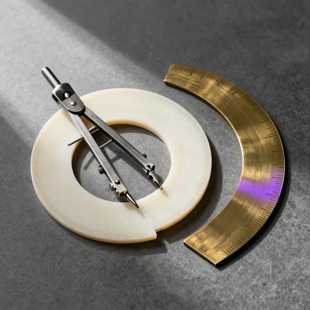 French curves, a drafting compass and brass spline template on graphite stone, lit from upper left.